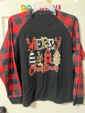 Merry Christmas Black & Red Buffalo Plaid Raglan Tee